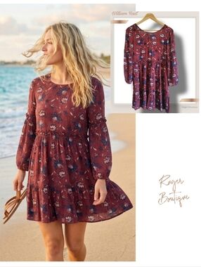 🌿WILLIAM RAST Womens SM Burgundy Floral Long Sleeve Jewel Neck Baby Doll Dress